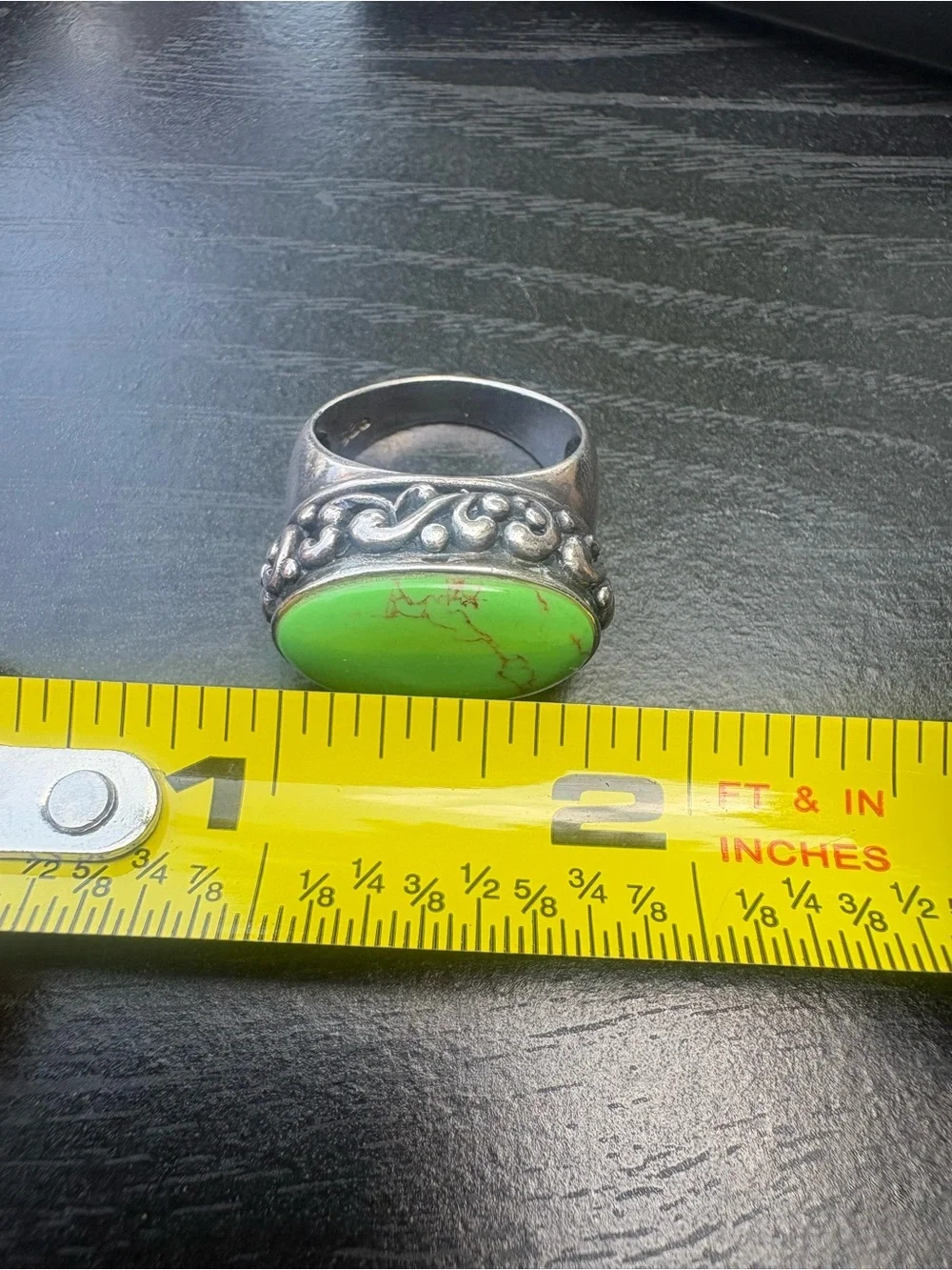Vintage Bohemian Green Turquoise  Sterling Silver Statement Ring - Size 7.75